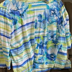 Alfred Dunner Blue Green Floral Striped Blouse